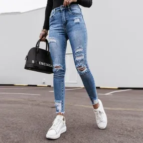 Women Casual Tassel Hole Denim Pants Sexy High Waist Slim Pencil Cow