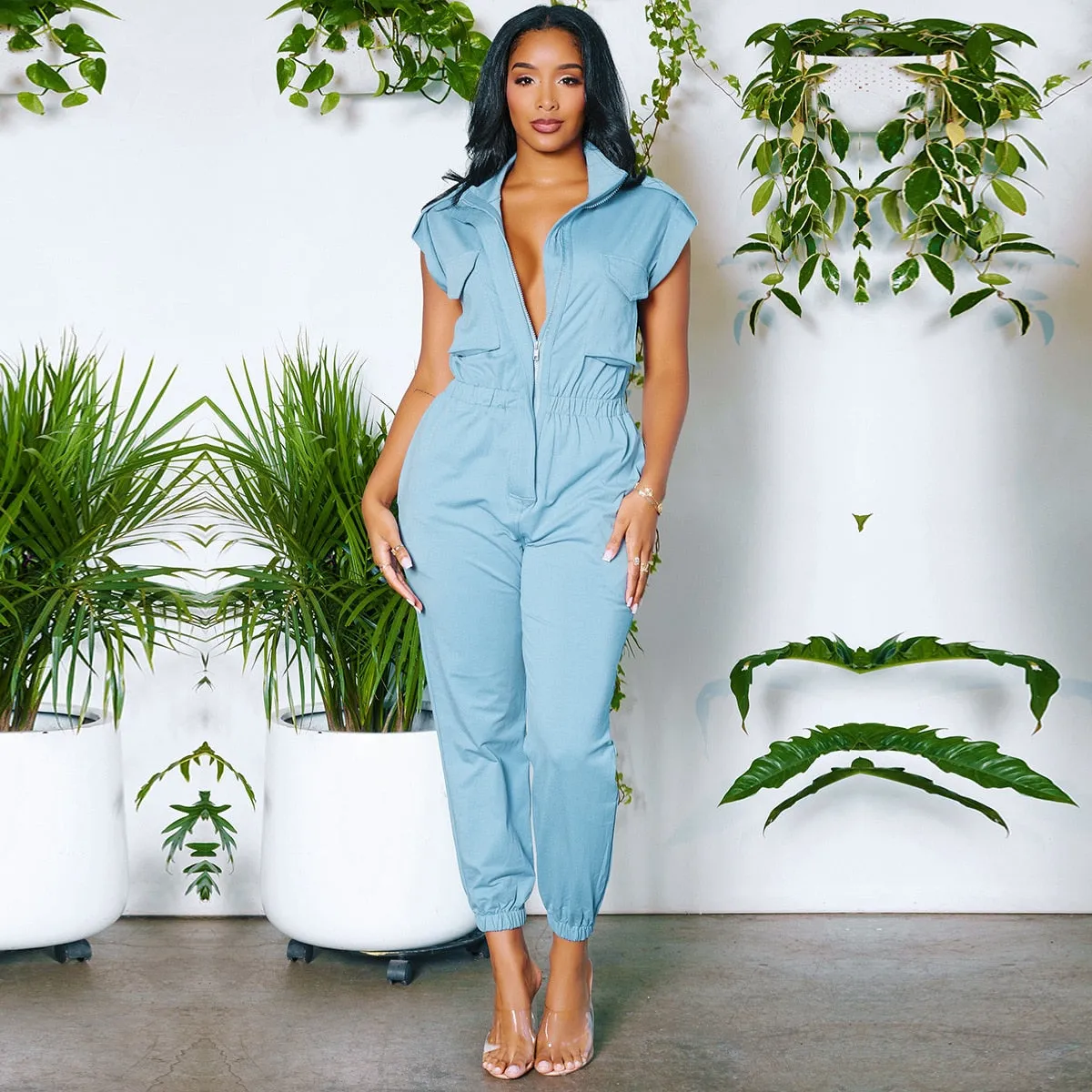 Ashore Shop Fashion Short Sleeve Pockets Cargo Jumpsuit Women 2023 Summer Casual One Piece Pants V Neck Zipper Slim Jumpsuit Street Overalls