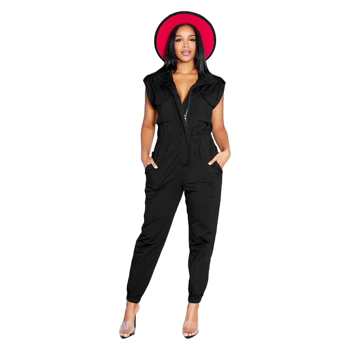 Ashore Shop Fashion Short Sleeve Pockets Cargo Jumpsuit Women 2023 Summer Casual One Piece Pants V Neck Zipper Slim Jumpsuit Street Overalls