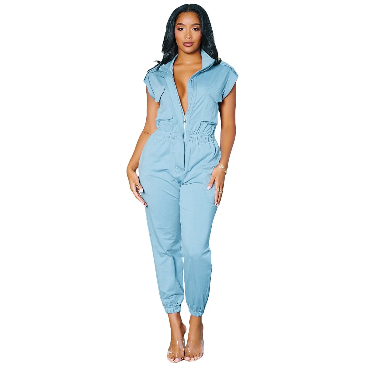 Ashore Shop Fashion Short Sleeve Pockets Cargo Jumpsuit Women 2023 Summer Casual One Piece Pants V Neck Zipper Slim Jumpsuit Street Overalls