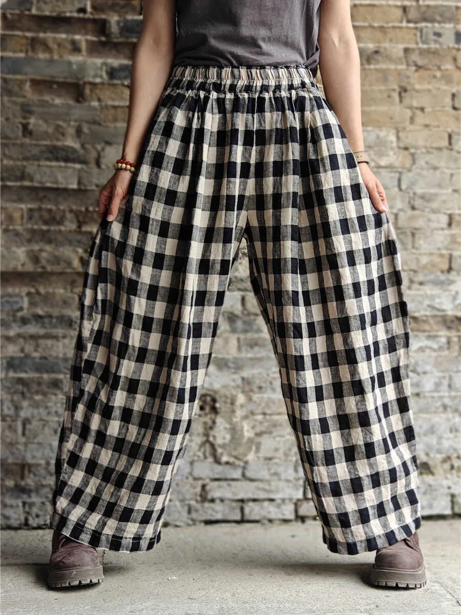 Plus Size Women Casual Plaid Cotton Linen Wide-leg Pants KL1031