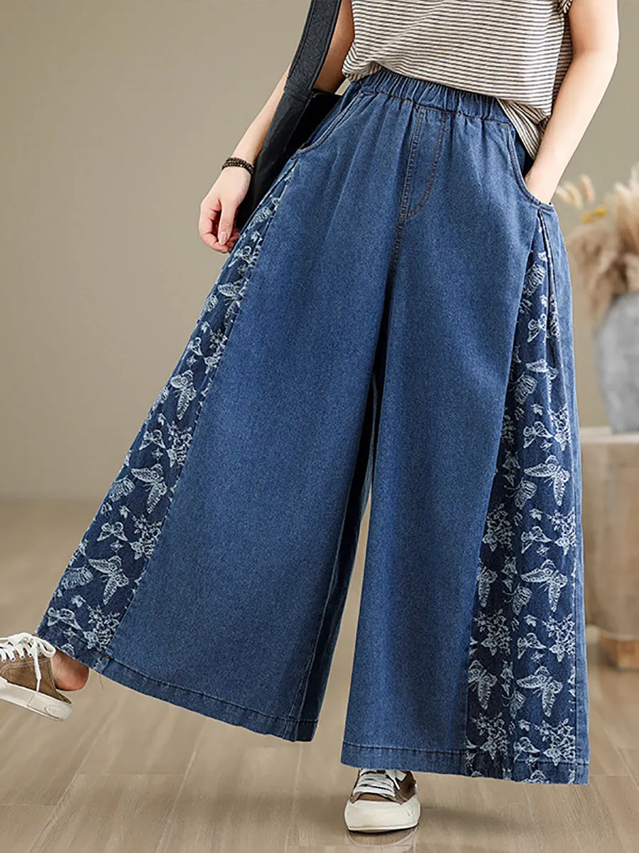 Women Vintage Summer Butterfly Spliced Wide-leg Denim Pants CO1030