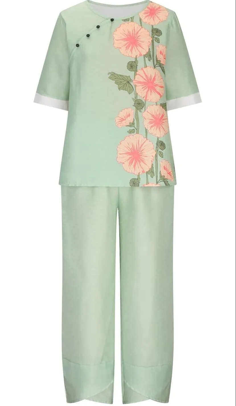 Boho Chic Womens 2-Piece Cotton Outfit Set with Wide Leg Pants - Stylish Casual Suit 0010070