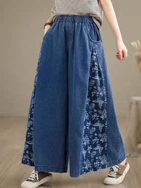 Women Vintage Summer Butterfly Spliced Wide-leg Denim Pants CO1030