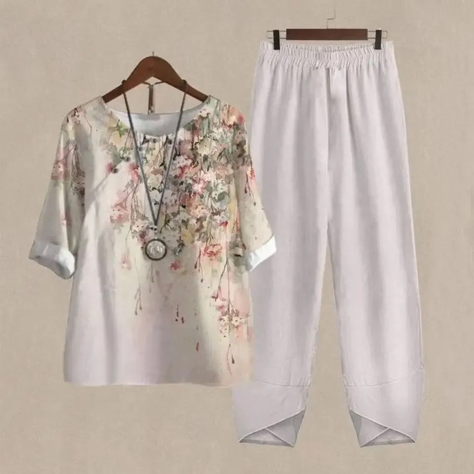 Boho Chic Womens 2-Piece Cotton Outfit Set with Wide Leg Pants - Stylish Casual Suit 0010070