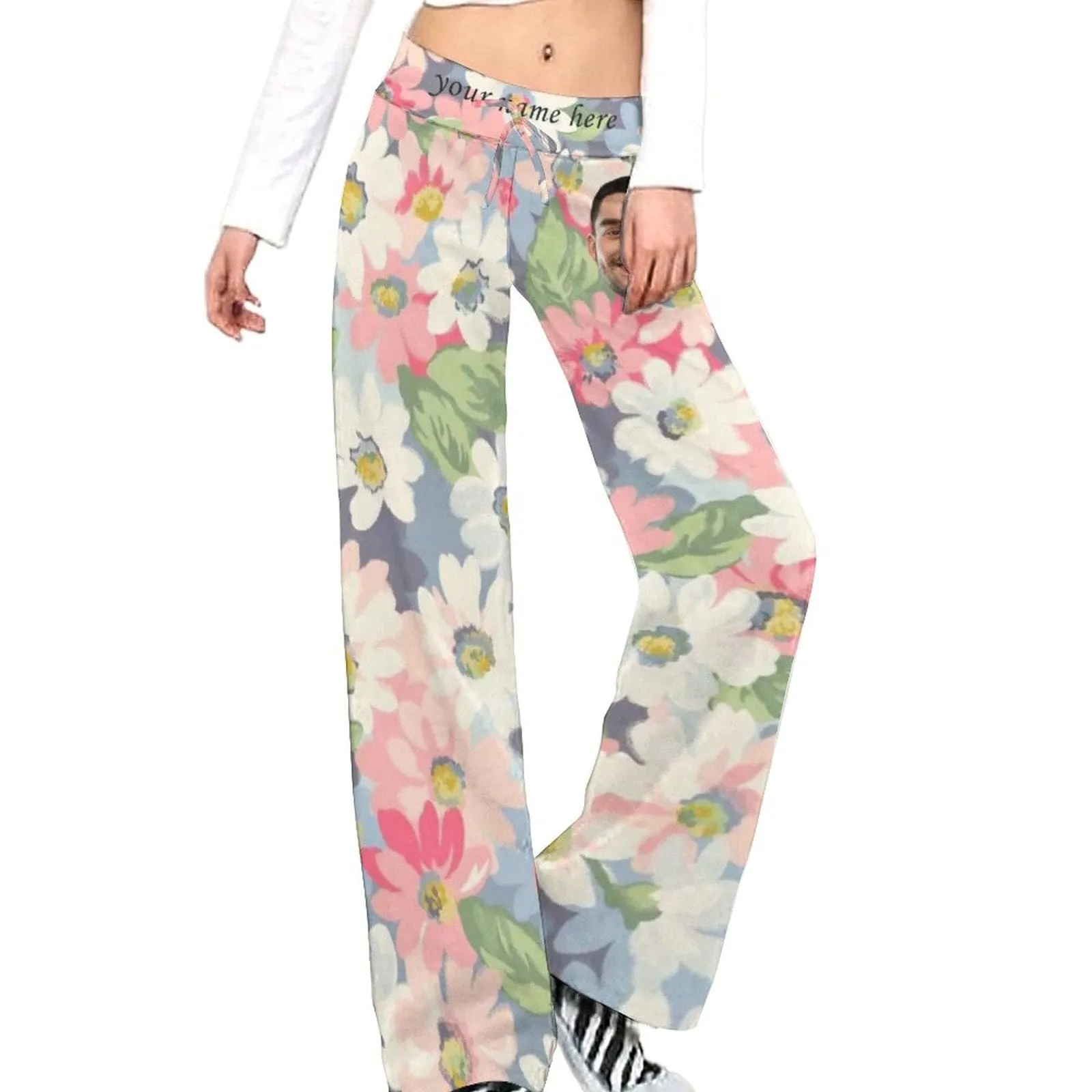 Custom Photo&Name Flower Women's Straight-Leg Loose Comfy Drawstring Lounge Pants for Yoga Running Sporting