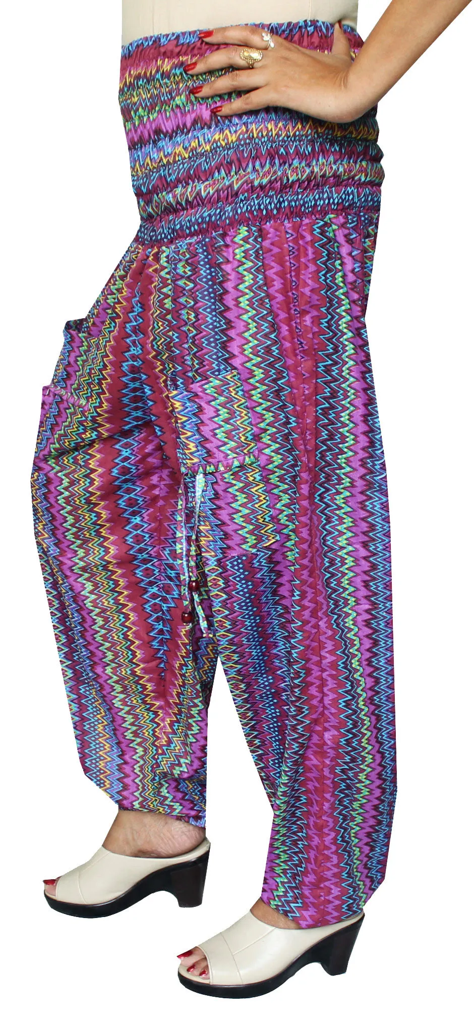 Womens Smocked Waist Hippie Rayon Harem Pants (Multicolour)